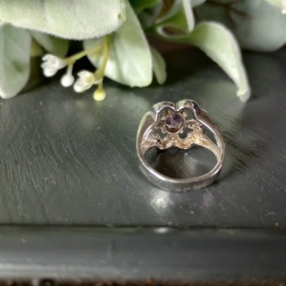 Amethyst Cocktail Ring Sterling Silver Heart Cluster CZ Floral Wedding Ring SZ 6